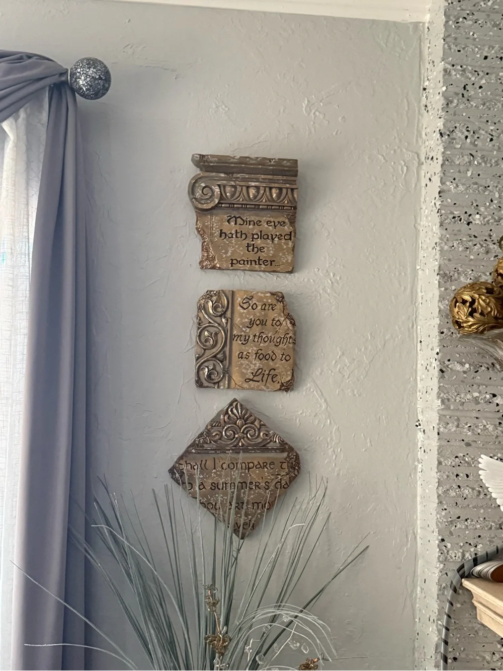 Shakespeare Quote gilded faux-stone architectural Wall Plaques Set of 3